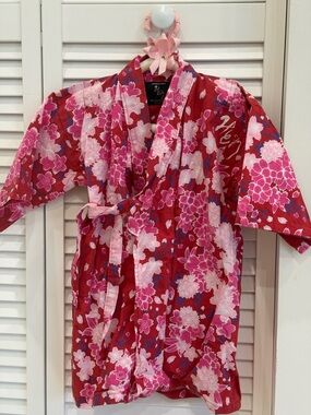 Authentic Japanese Wrap Kimono Jacket in Red and Pink